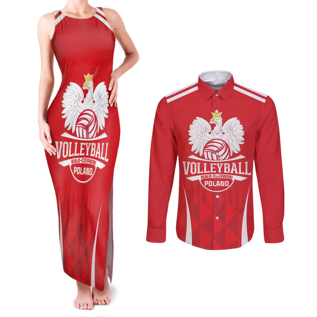 Custom Poland Volleyball Couples Matching Tank Maxi Dress and Long Sleeve Button Shirt Bialo–Czerwoni Go Champions