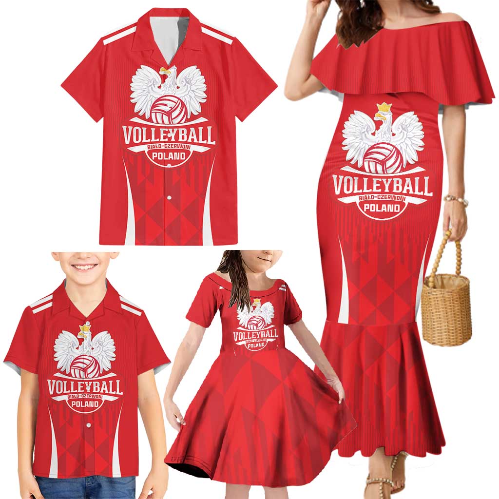 Custom Poland Volleyball Family Matching Mermaid Dress and Hawaiian Shirt Bialo–Czerwoni Go Champions