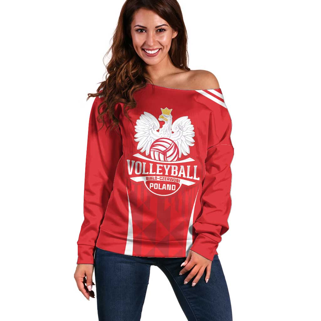 Custom Poland Volleyball Off Shoulder Sweater Bialo–Czerwoni Go Champions