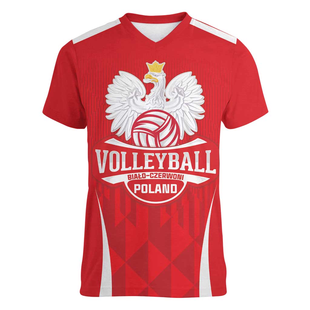 Custom Poland Volleyball Women V-Neck T-Shirt Bialo–Czerwoni Go Champions