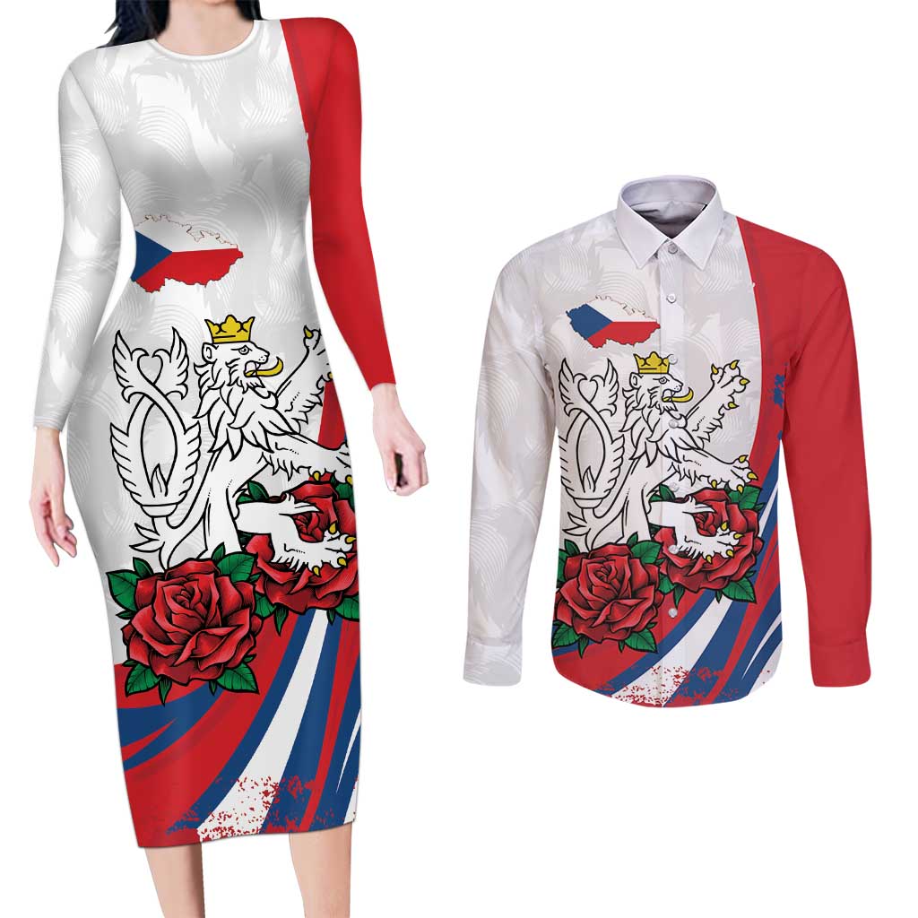 Personalized Czech Republic Couples Matching Long Sleeve Bodycon Dress and Long Sleeve Button Shirt Pravda Vitezi With Rose