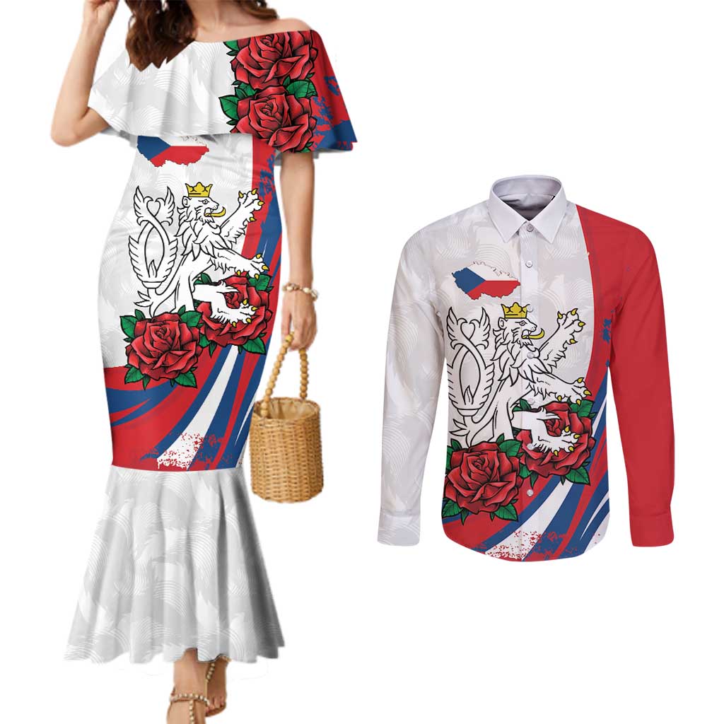 Personalized Czech Republic Couples Matching Mermaid Dress and Long Sleeve Button Shirt Pravda Vitezi With Rose