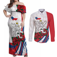 Personalized Czech Republic Couples Matching Off Shoulder Maxi Dress and Long Sleeve Button Shirt Pravda Vitezi With Rose