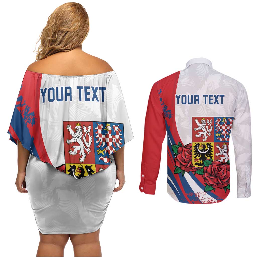 Personalized Czech Republic Couples Matching Off Shoulder Short Dress and Long Sleeve Button Shirt Pravda Vitezi With Rose