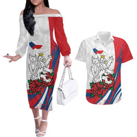 Personalized Czech Republic Couples Matching Off The Shoulder Long Sleeve Dress and Hawaiian Shirt Pravda Vitezi With Rose