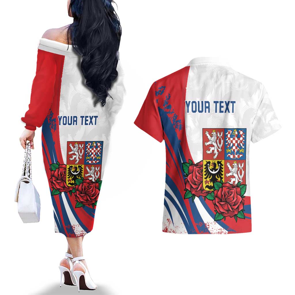 Personalized Czech Republic Couples Matching Off The Shoulder Long Sleeve Dress and Hawaiian Shirt Pravda Vitezi With Rose
