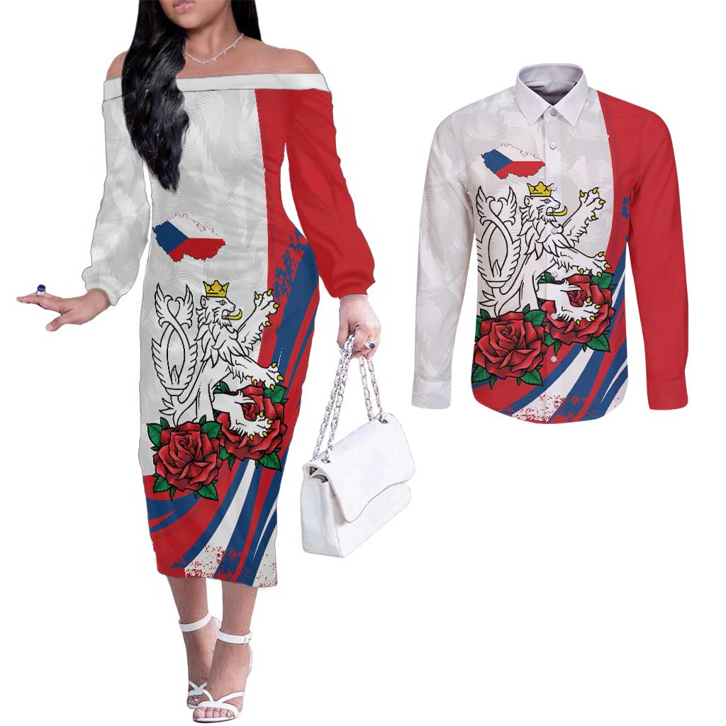 Personalized Czech Republic Couples Matching Off The Shoulder Long Sleeve Dress and Long Sleeve Button Shirt Pravda Vitezi With Rose
