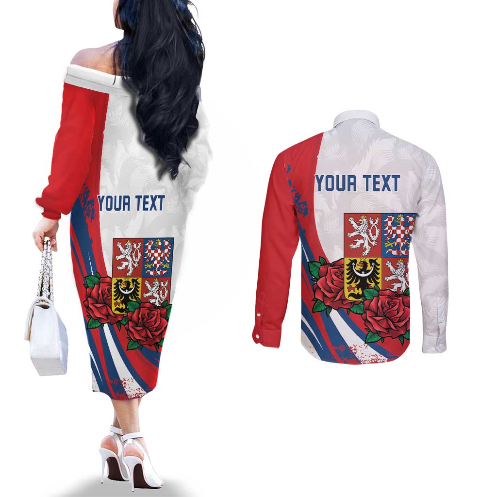 Personalized Czech Republic Couples Matching Off The Shoulder Long Sleeve Dress and Long Sleeve Button Shirt Pravda Vitezi With Rose