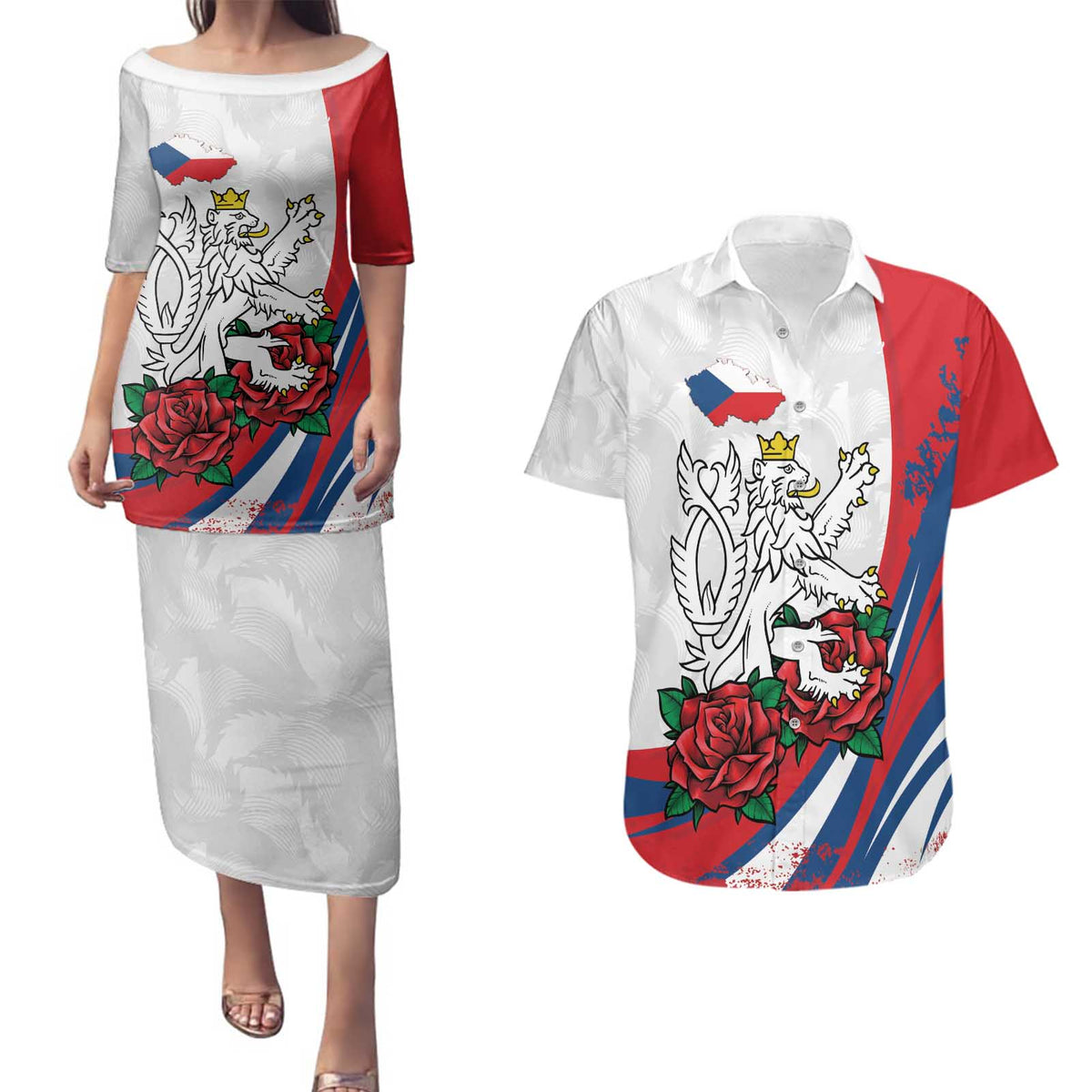 Personalized Czech Republic Couples Matching Puletasi and Hawaiian Shirt Pravda Vitezi With Rose