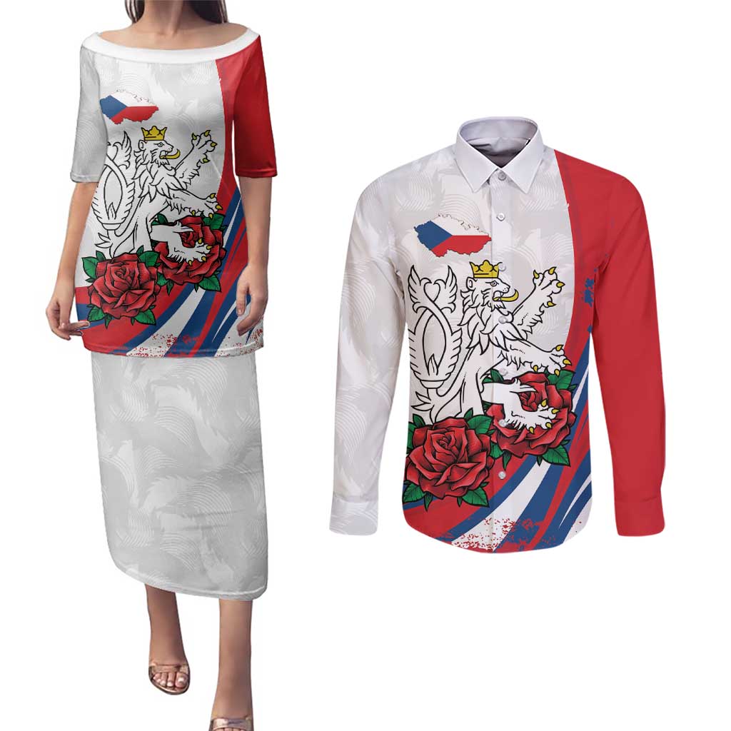 Personalized Czech Republic Couples Matching Puletasi and Long Sleeve Button Shirt Pravda Vitezi With Rose