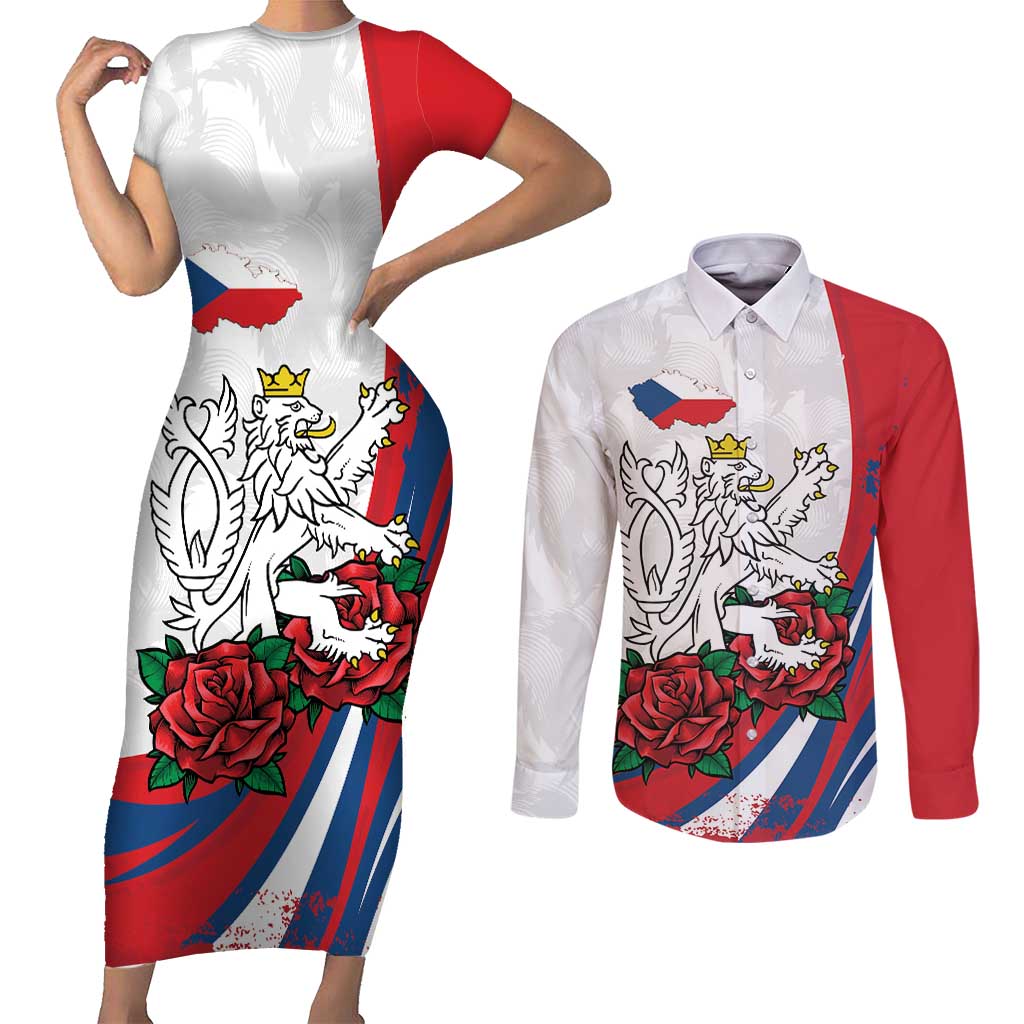 Personalized Czech Republic Couples Matching Short Sleeve Bodycon Dress and Long Sleeve Button Shirt Pravda Vitezi With Rose