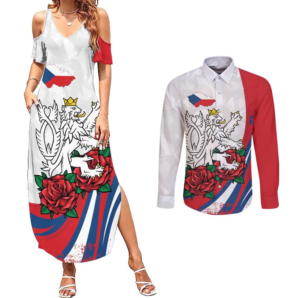 Personalized Czech Republic Couples Matching Summer Maxi Dress and Long Sleeve Button Shirt Pravda Vitezi With Rose