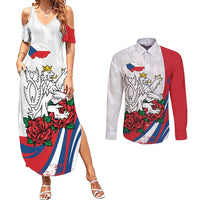 Personalized Czech Republic Couples Matching Summer Maxi Dress and Long Sleeve Button Shirt Pravda Vitezi With Rose