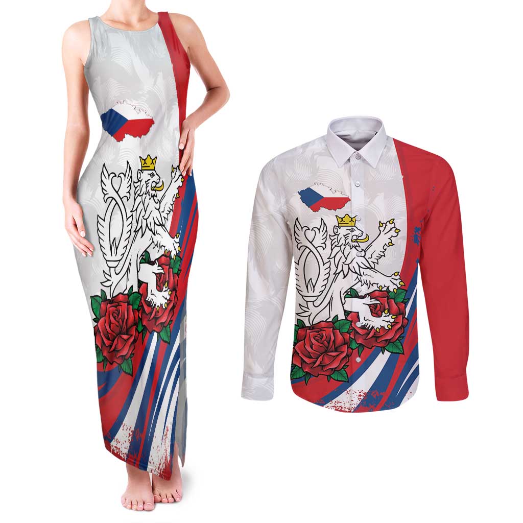 Personalized Czech Republic Couples Matching Tank Maxi Dress and Long Sleeve Button Shirt Pravda Vitezi With Rose