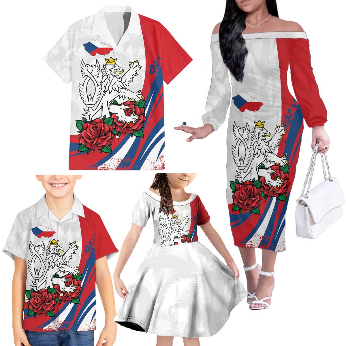 Personalized Czech Republic Family Matching Off The Shoulder Long Sleeve Dress and Hawaiian Shirt Pravda Vitezi With Rose