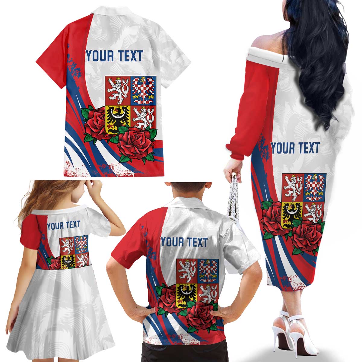 Personalized Czech Republic Family Matching Off The Shoulder Long Sleeve Dress and Hawaiian Shirt Pravda Vitezi With Rose