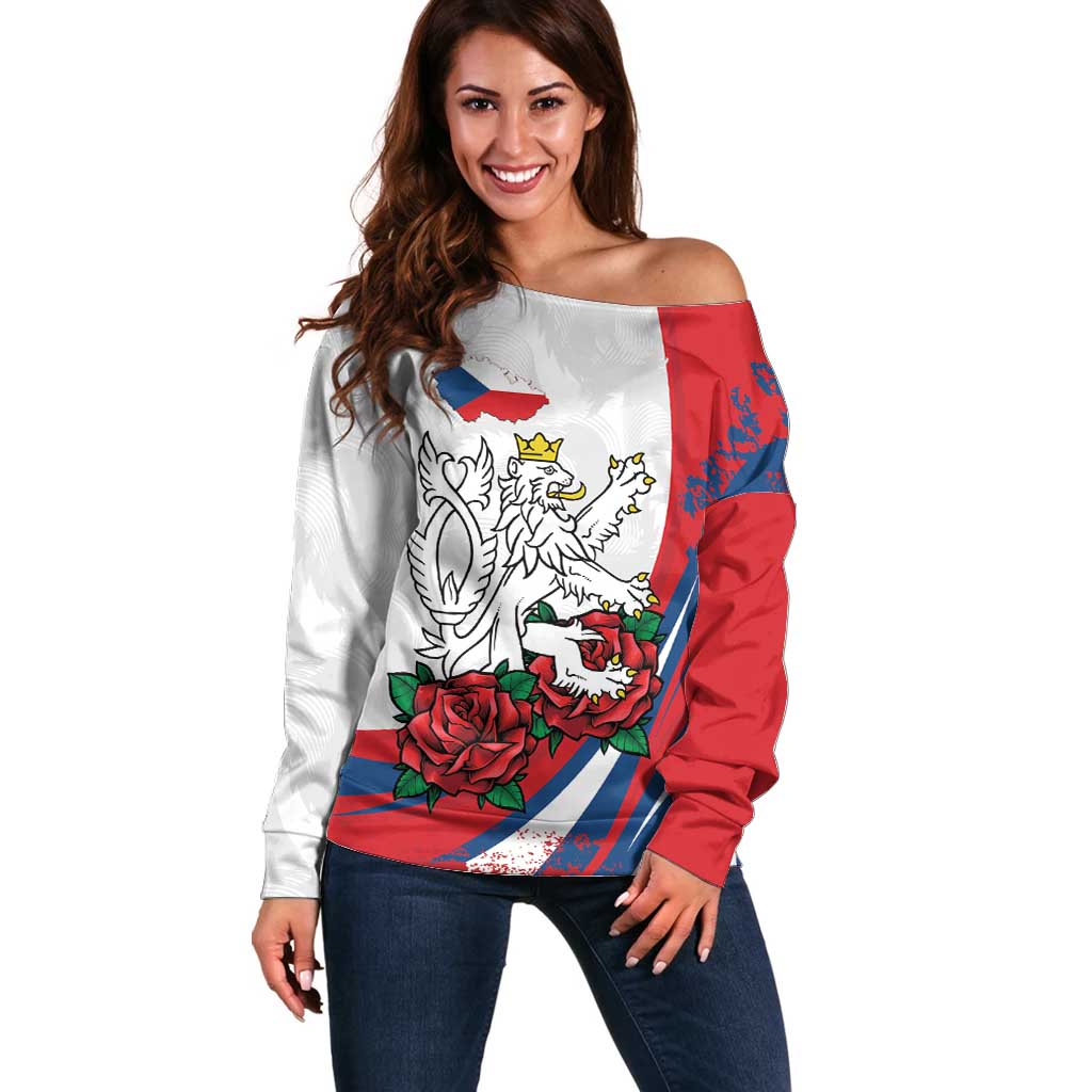 Personalized Czech Republic Off Shoulder Sweater Pravda Vitezi With Rose