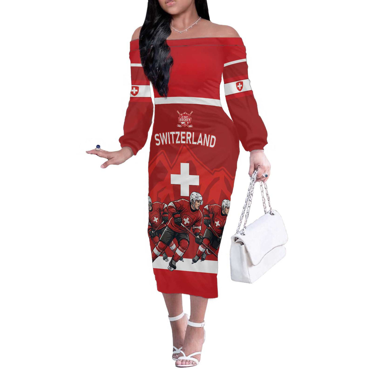 Custom Switzerland Ice Hockey Off The Shoulder Long Sleeve Dress La Nati World Glory