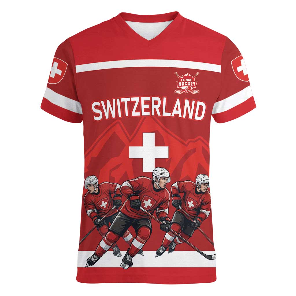 Custom Switzerland Ice Hockey Women V-Neck T-Shirt La Nati World Glory