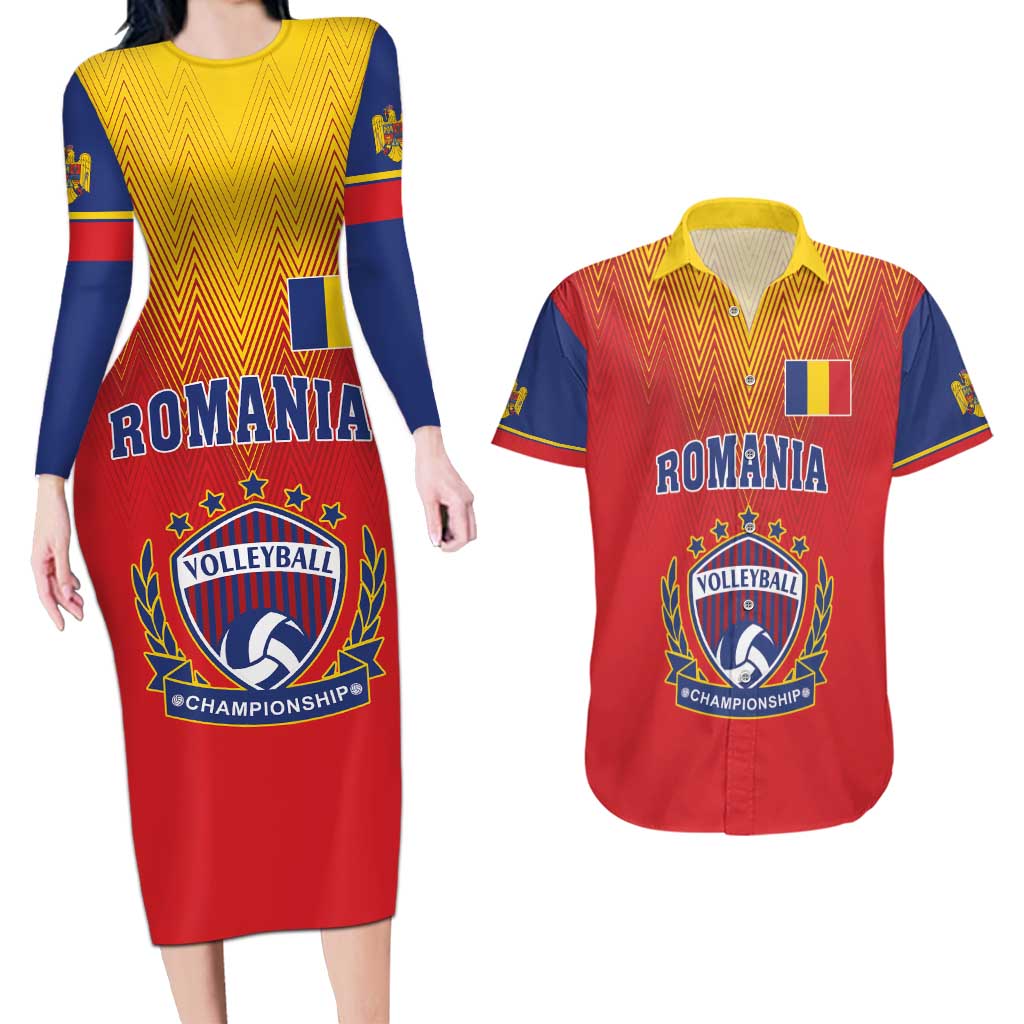 Custom Romania Volleyball Couples Matching Long Sleeve Bodycon Dress and Hawaiian Shirt Sporty Style