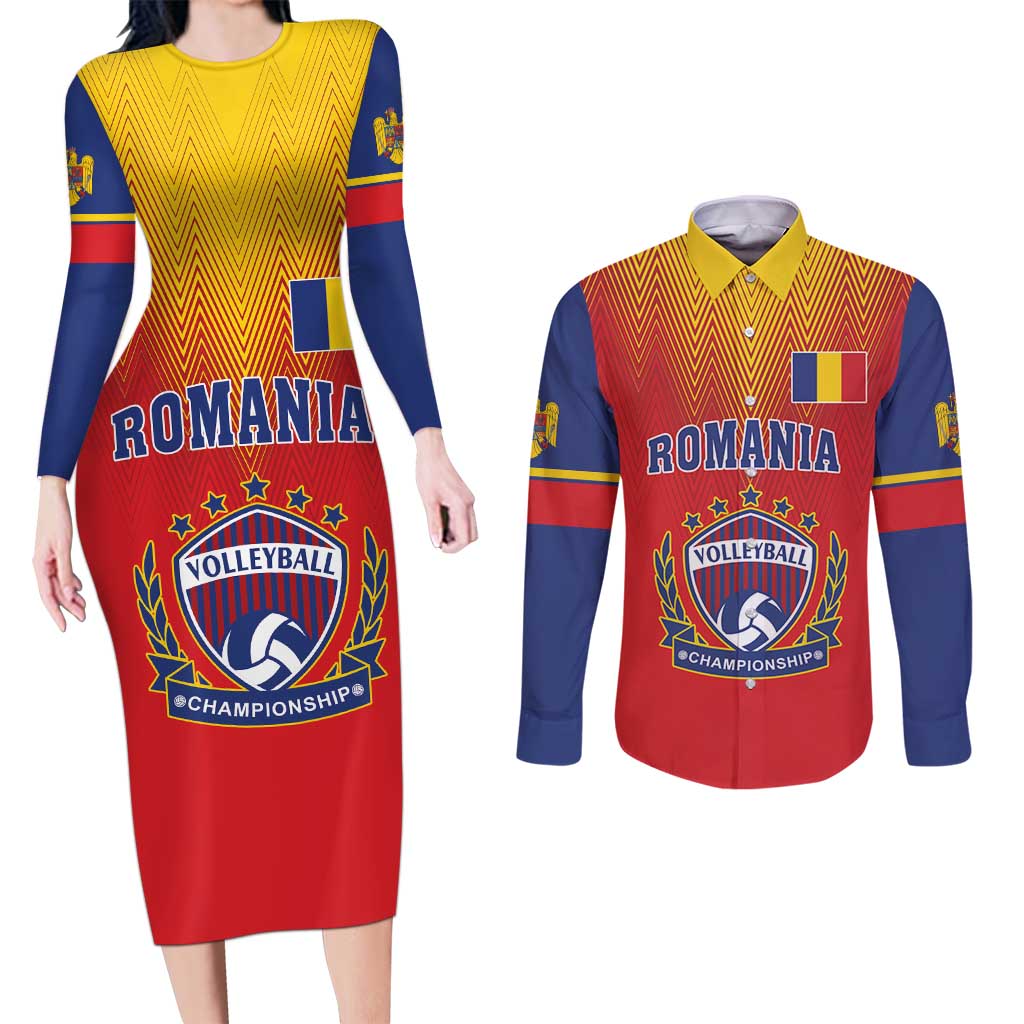 Custom Romania Volleyball Couples Matching Long Sleeve Bodycon Dress and Long Sleeve Button Shirt Sporty Style