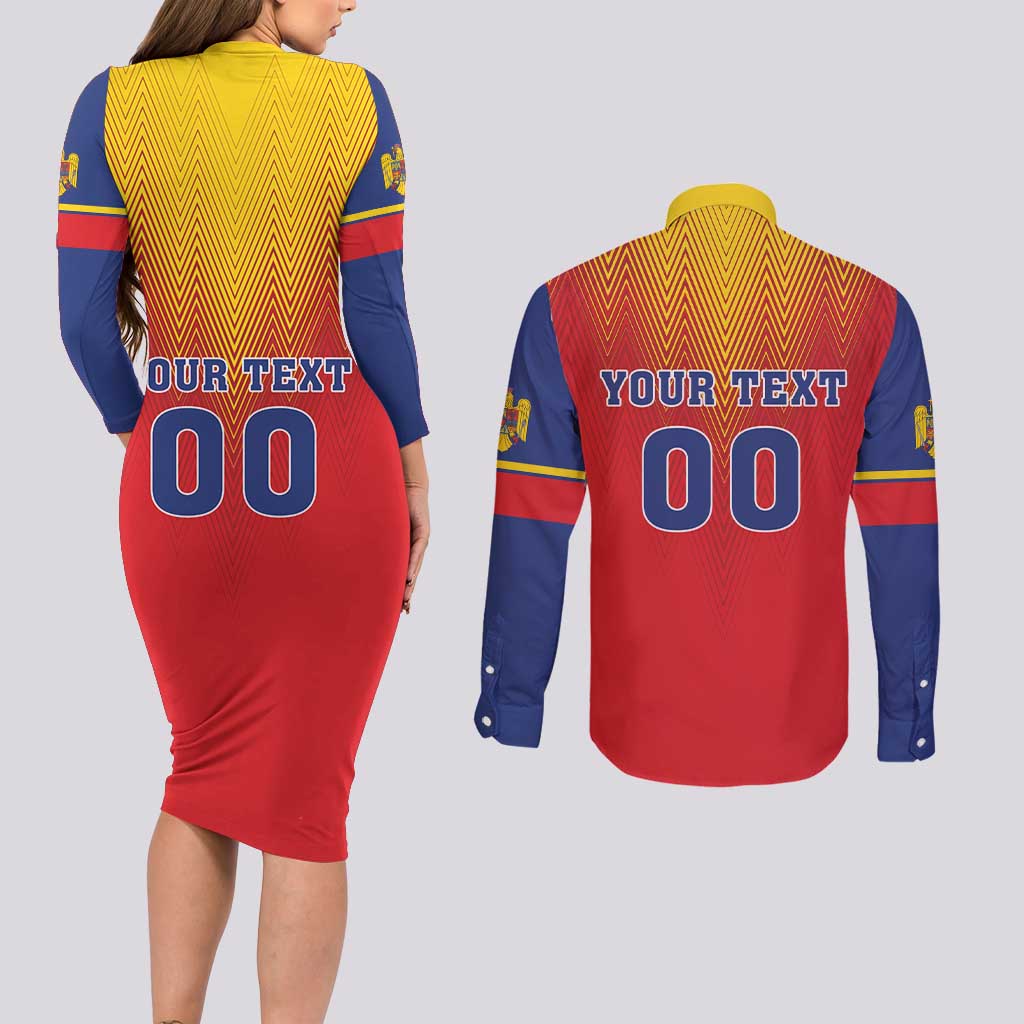 Custom Romania Volleyball Couples Matching Long Sleeve Bodycon Dress and Long Sleeve Button Shirt Sporty Style