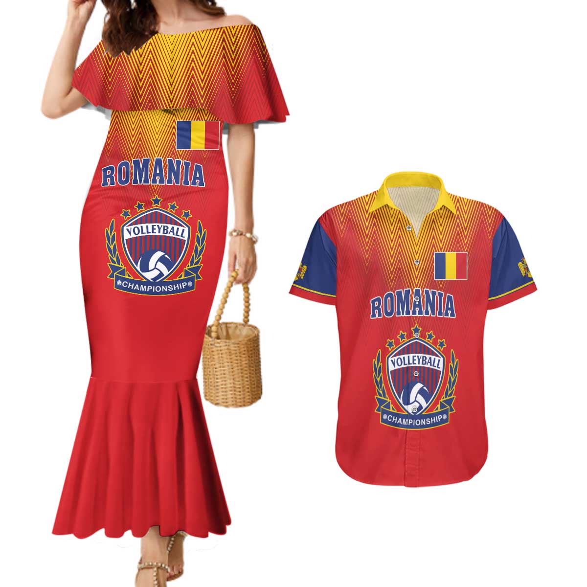 Custom Romania Volleyball Couples Matching Mermaid Dress and Hawaiian Shirt Sporty Style