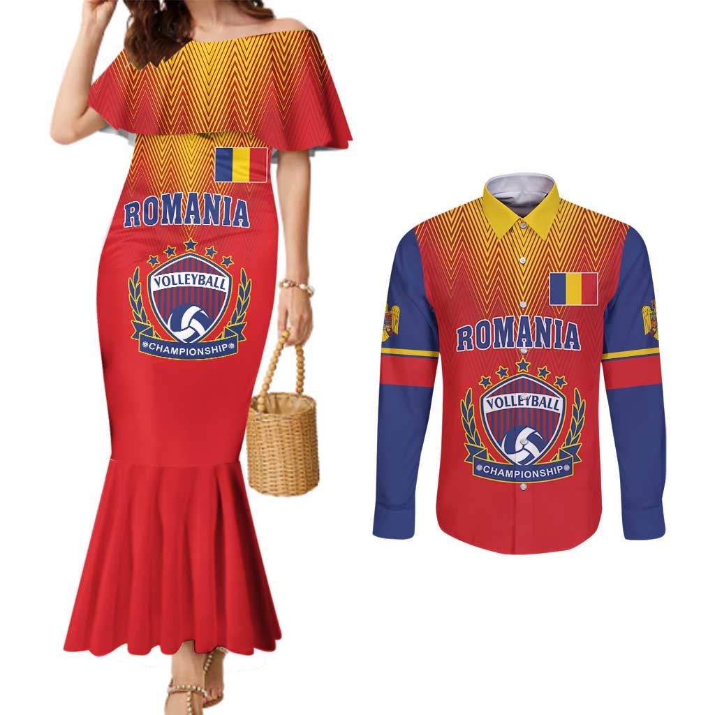 Custom Romania Volleyball Couples Matching Mermaid Dress and Long Sleeve Button Shirt Sporty Style