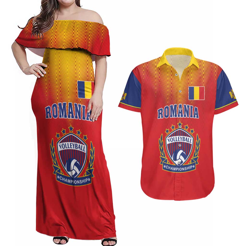 Custom Romania Volleyball Couples Matching Off Shoulder Maxi Dress and Hawaiian Shirt Sporty Style