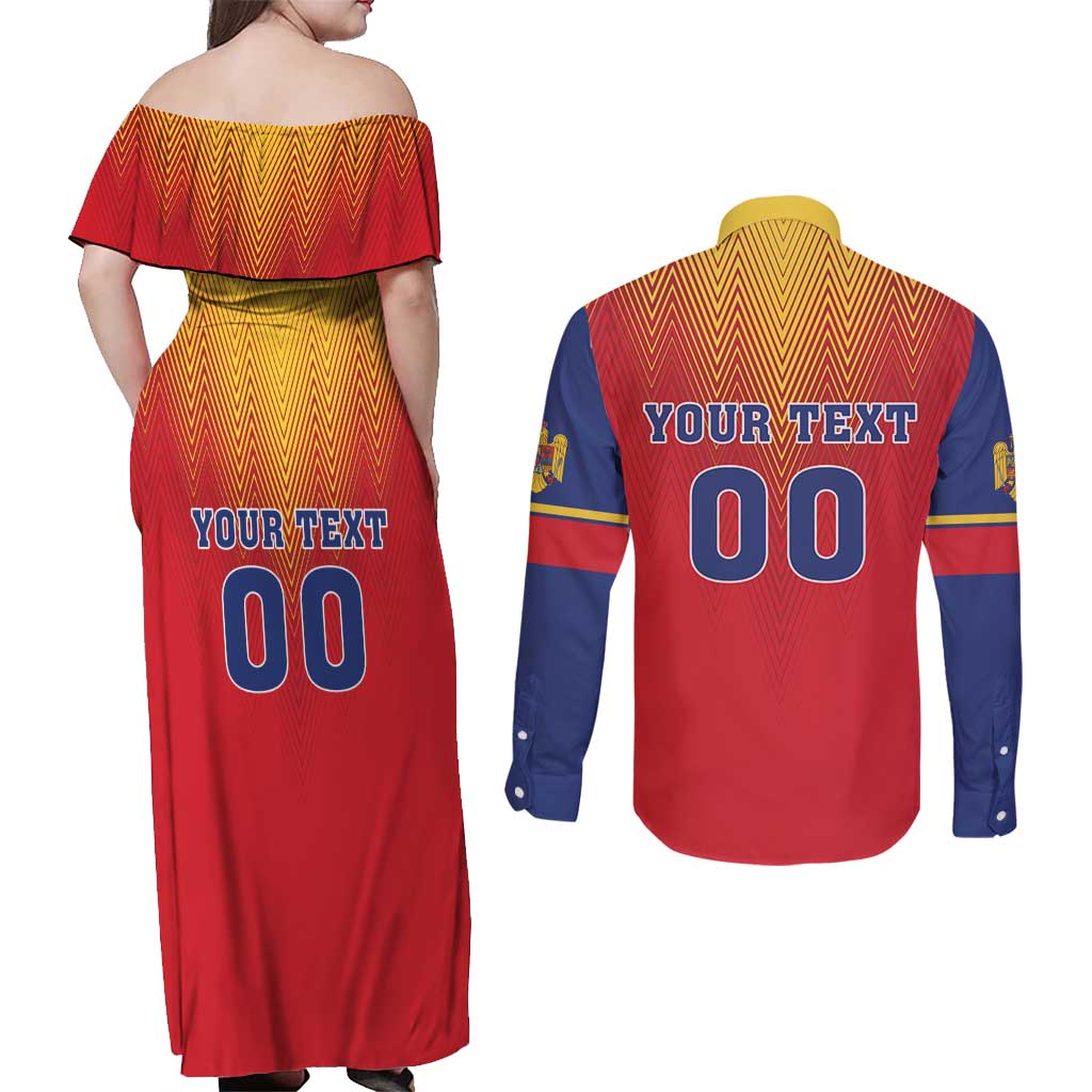 Custom Romania Volleyball Couples Matching Off Shoulder Maxi Dress and Long Sleeve Button Shirt Sporty Style