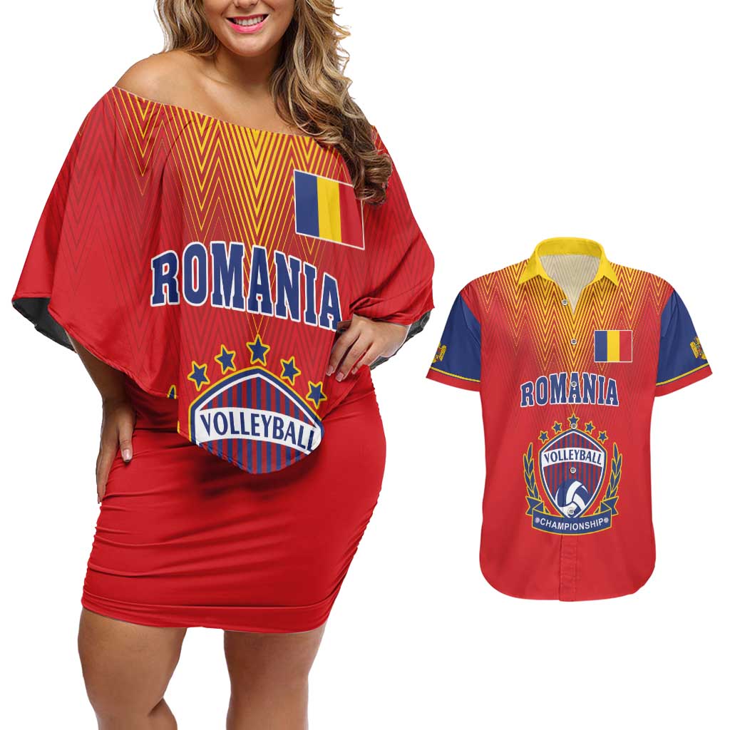 Custom Romania Volleyball Couples Matching Off Shoulder Short Dress and Hawaiian Shirt Sporty Style