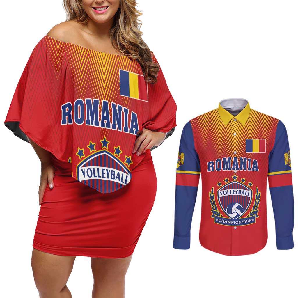 Custom Romania Volleyball Couples Matching Off Shoulder Short Dress and Long Sleeve Button Shirt Sporty Style