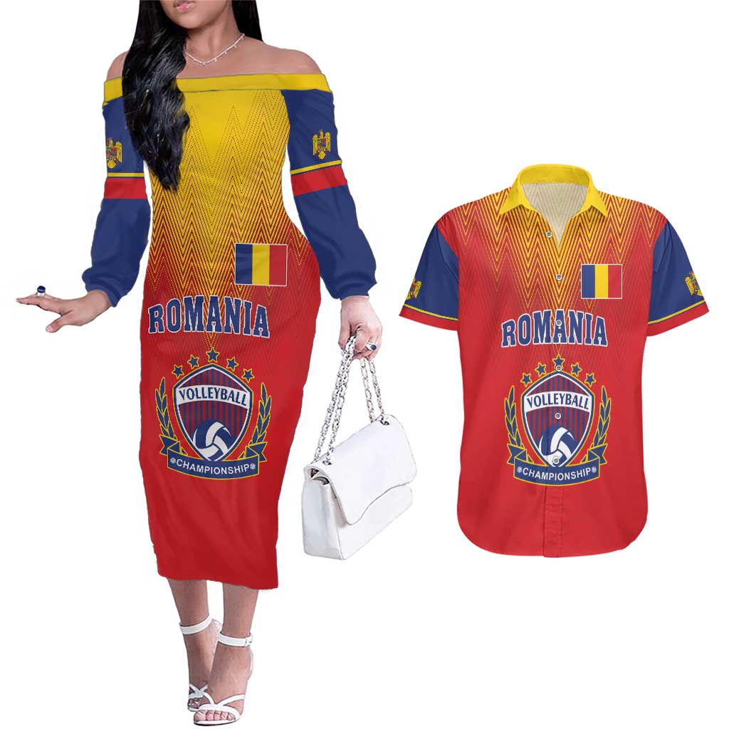 Custom Romania Volleyball Couples Matching Off The Shoulder Long Sleeve Dress and Hawaiian Shirt Sporty Style