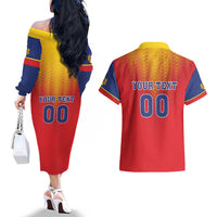 Custom Romania Volleyball Couples Matching Off The Shoulder Long Sleeve Dress and Hawaiian Shirt Sporty Style