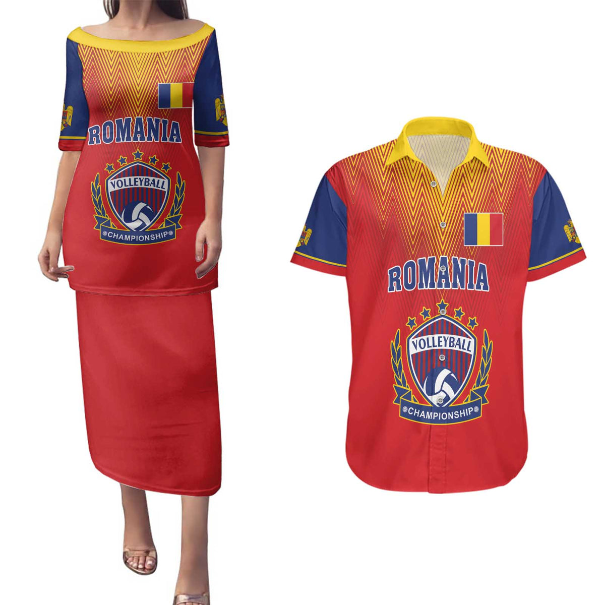 Custom Romania Volleyball Couples Matching Puletasi and Hawaiian Shirt Sporty Style