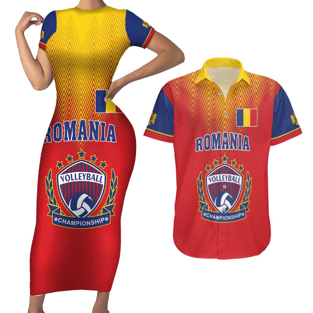 Custom Romania Volleyball Couples Matching Short Sleeve Bodycon Dress and Hawaiian Shirt Sporty Style