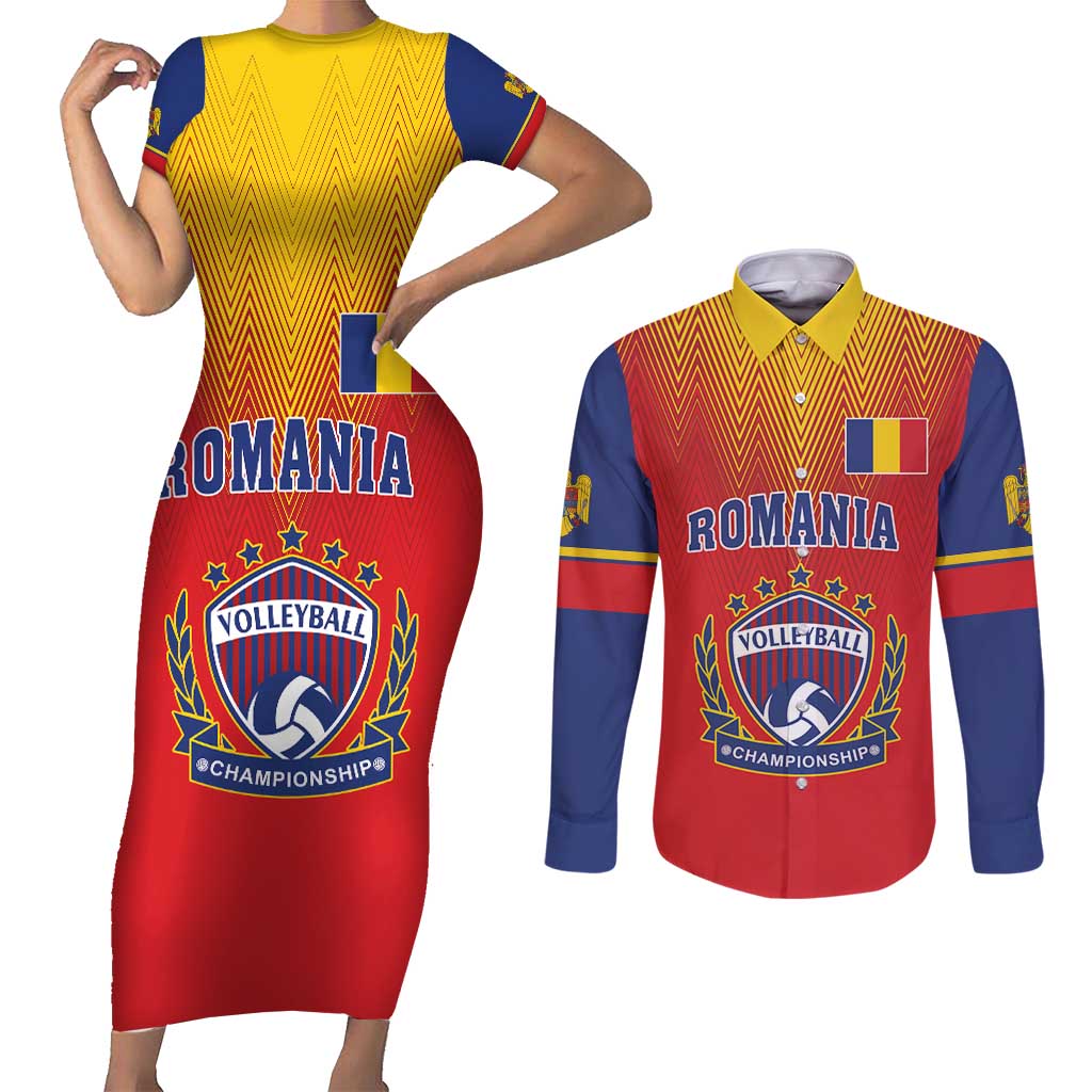 Custom Romania Volleyball Couples Matching Short Sleeve Bodycon Dress and Long Sleeve Button Shirt Sporty Style