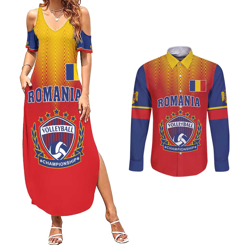 Custom Romania Volleyball Couples Matching Summer Maxi Dress and Long Sleeve Button Shirt Sporty Style