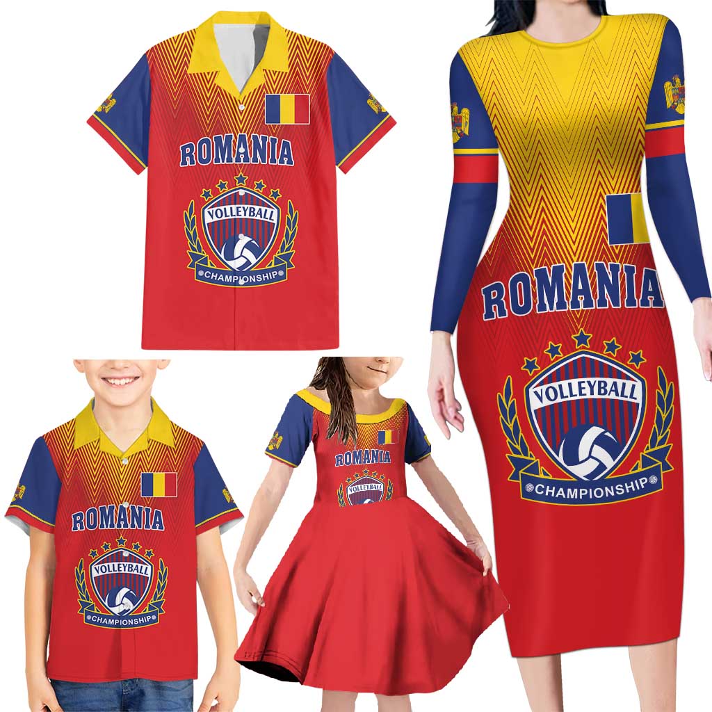 Custom Romania Volleyball Family Matching Long Sleeve Bodycon Dress and Hawaiian Shirt Sporty Style