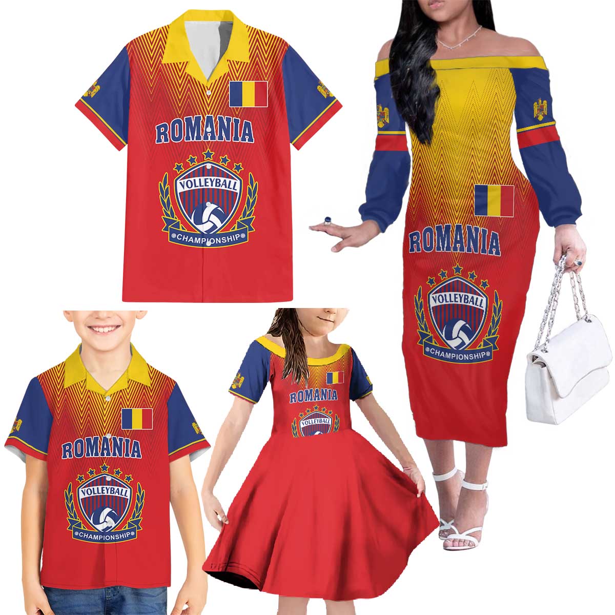 Custom Romania Volleyball Family Matching Off The Shoulder Long Sleeve Dress and Hawaiian Shirt Sporty Style