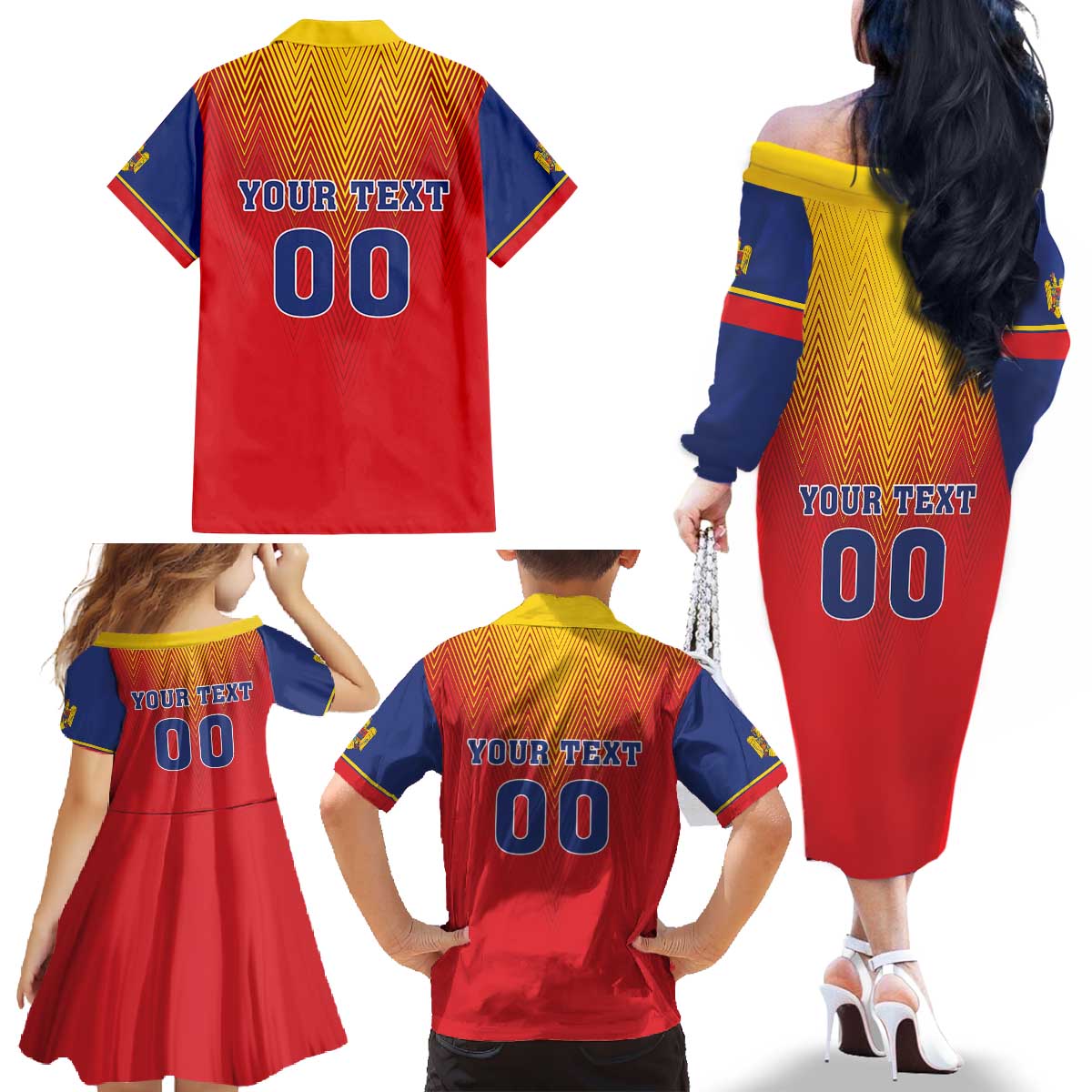 Custom Romania Volleyball Family Matching Off The Shoulder Long Sleeve Dress and Hawaiian Shirt Sporty Style