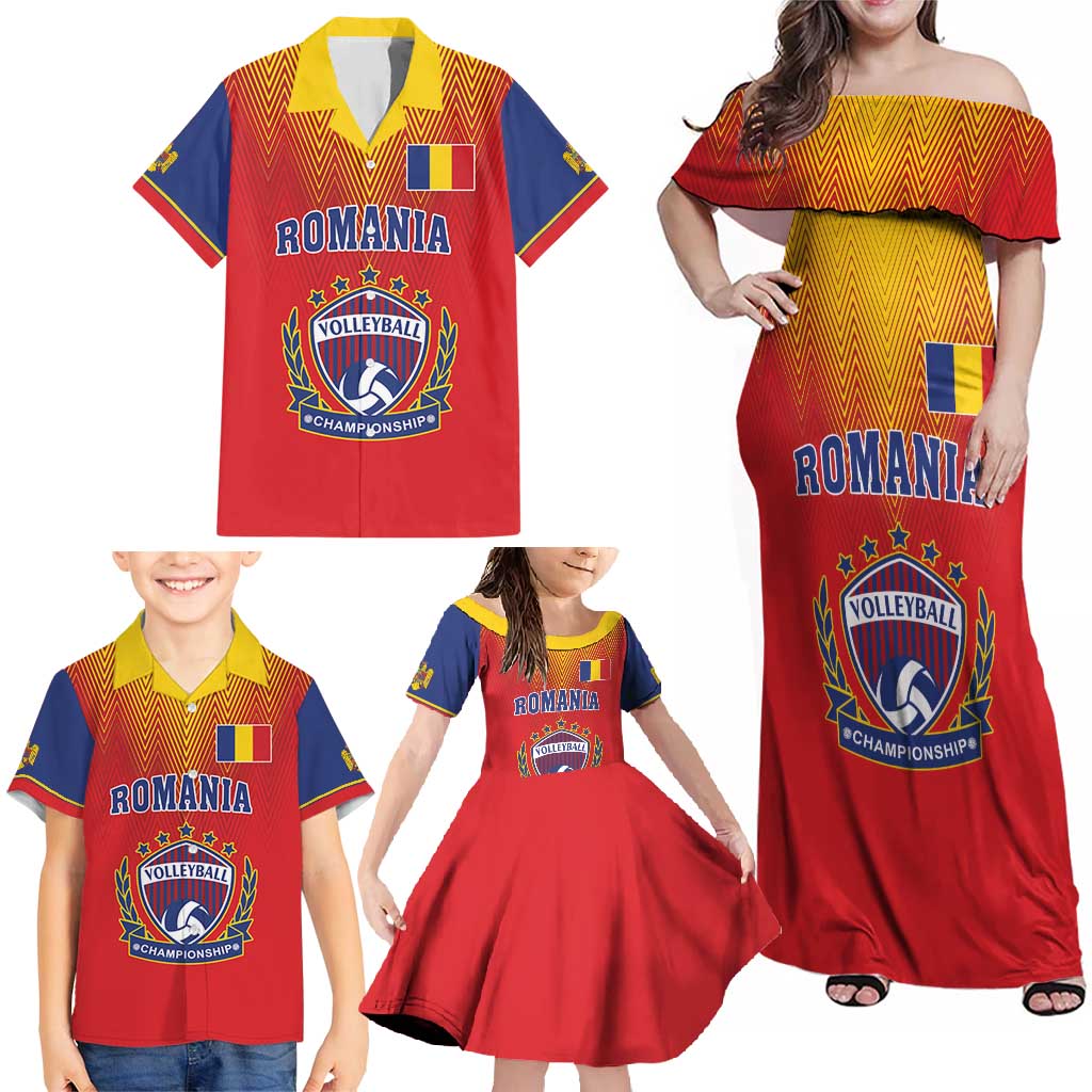 Custom Romania Volleyball Family Matching Off Shoulder Maxi Dress and Hawaiian Shirt Sporty Style