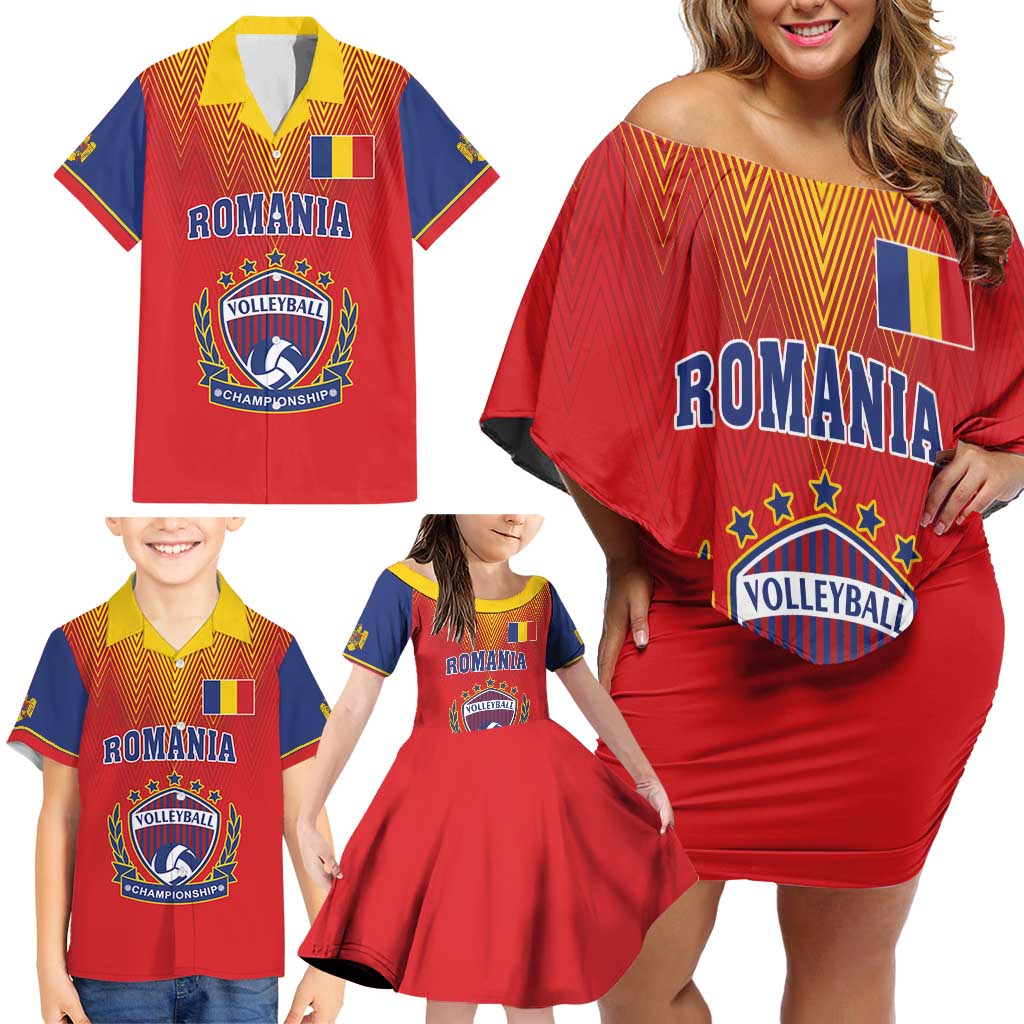 Custom Romania Volleyball Family Matching Off Shoulder Short Dress and Hawaiian Shirt Sporty Style