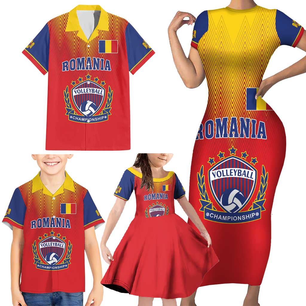Custom Romania Volleyball Family Matching Short Sleeve Bodycon Dress and Hawaiian Shirt Sporty Style