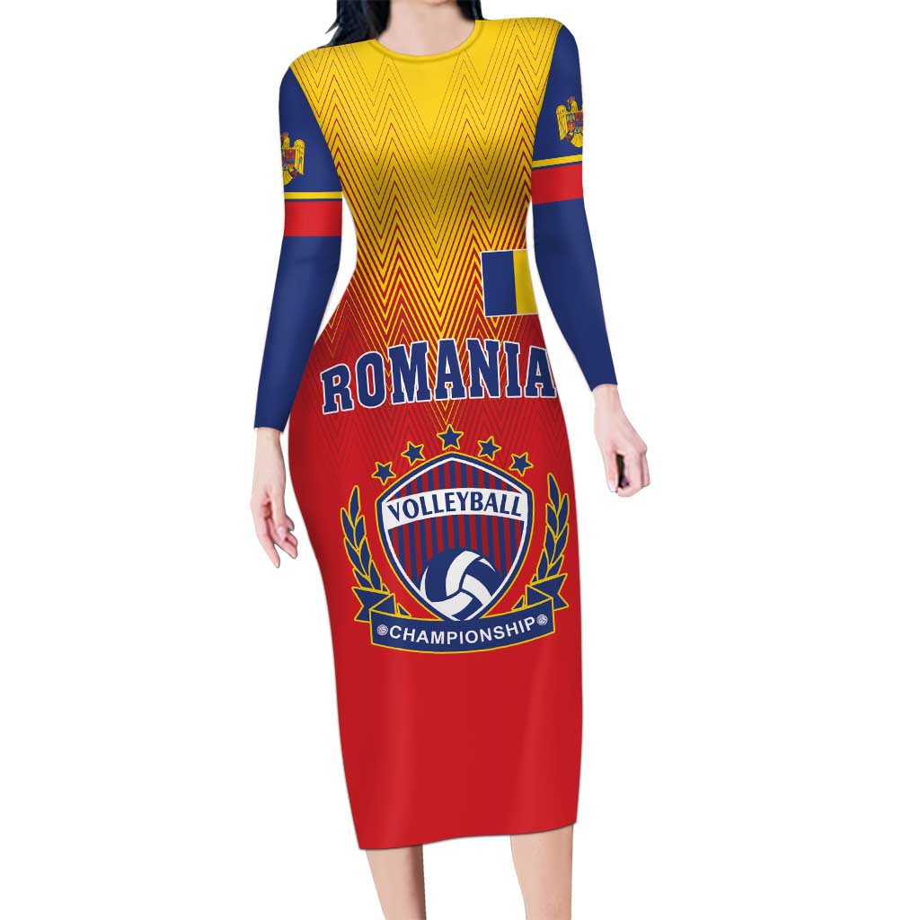 Custom Romania Volleyball Long Sleeve Bodycon Dress Sporty Style