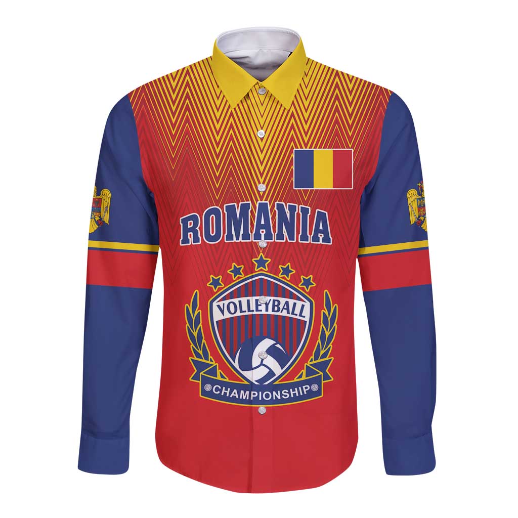 Custom Romania Volleyball Long Sleeve Button Shirt Sporty Style