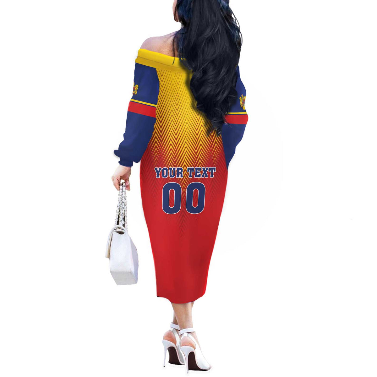 Custom Romania Volleyball Off The Shoulder Long Sleeve Dress Sporty Style
