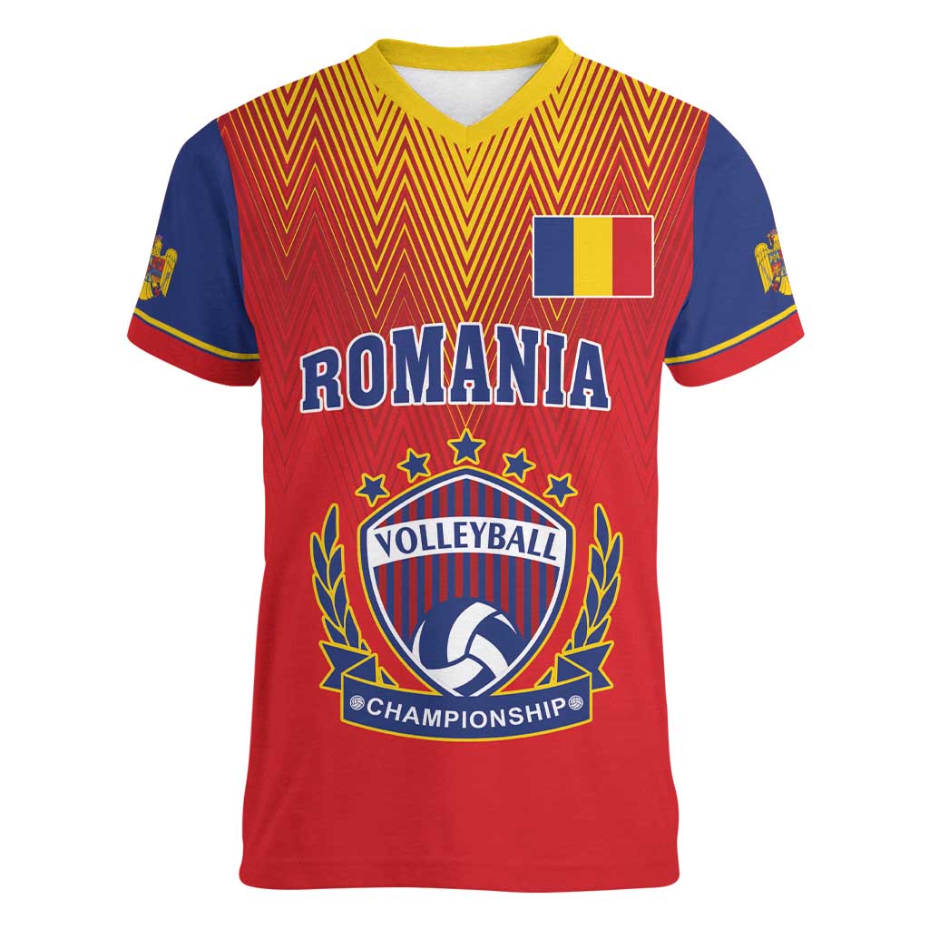 Custom Romania Volleyball Women V-Neck T-Shirt Sporty Style