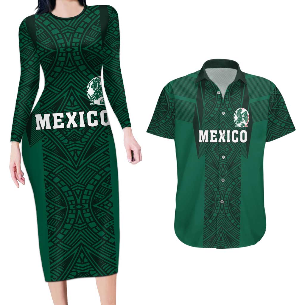 Custom Mexico Football Couples Matching Long Sleeve Bodycon Dress and Hawaiian Shirt El Tricolor Go Champions Aztec Pattern