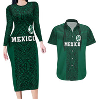 Custom Mexico Football Couples Matching Long Sleeve Bodycon Dress and Hawaiian Shirt El Tricolor Go Champions Aztec Pattern